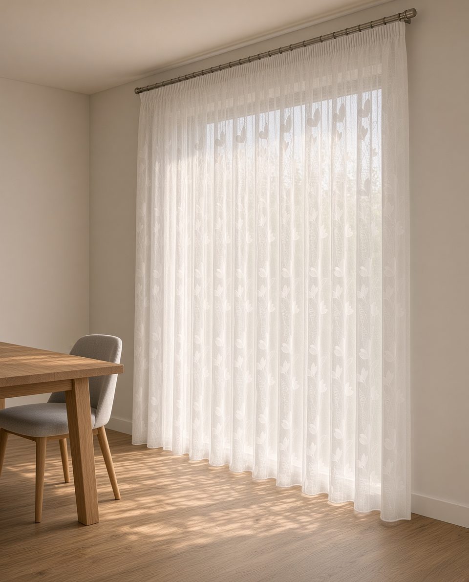 Gardine nach Maß "Andria", genäht nach Maß, am Fenster hängend