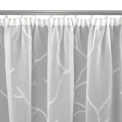 Gardine nach Maß „Fashion“ Weiß: Voile mit eingewebtem Zweigmuster, Kräuselband an der Stange