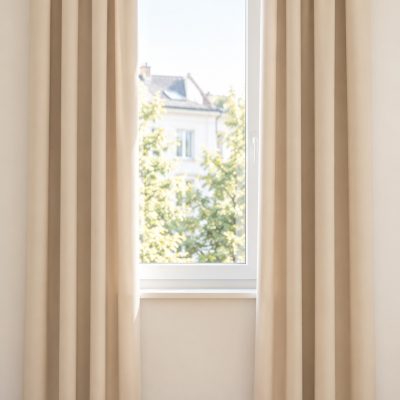 Schwer entflammbarer XXL-Verdunkelungsvorhang nach Maß in Beige, am Fenster