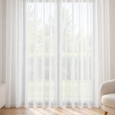 Batist-Store-Gardine nach Maß im Wohnraum – Raum digital gestaltet (KI)