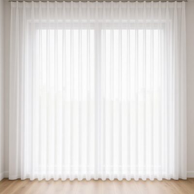 Gardine nach Maß Dreher Faltenband Weiß im hellen Wohnraum – Raum digital gestaltet (KI)