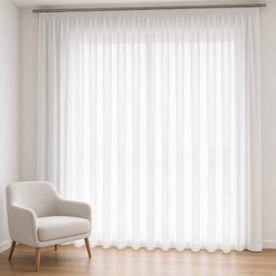 Gardine nach Maß "Fancy", Kräuselband (1:2) im Wohnraum – Raum digital gestaltet (KI)