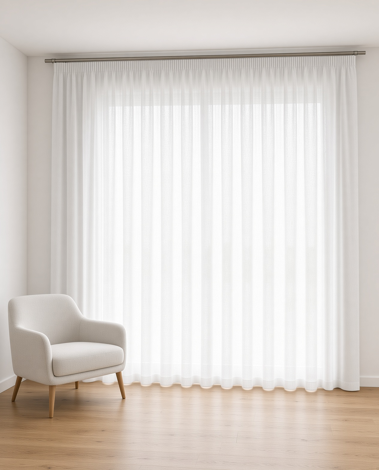 Gardine nach Maß "Fancy", Kräuselband (1:2) im Wohnraum – Raum digital gestaltet (KI)