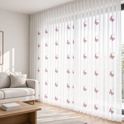Gardine nach Maß "Schmetterlinge", Automatik-Faltenband (1:2,5) in Rot, Wohnraum – digital gestaltet (KI)