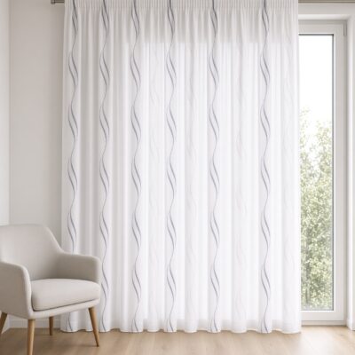 Gardine nach Maß "Tivoli", Kräuselband (1:2) im Wohnraum – Raum digital gestaltet (KI)