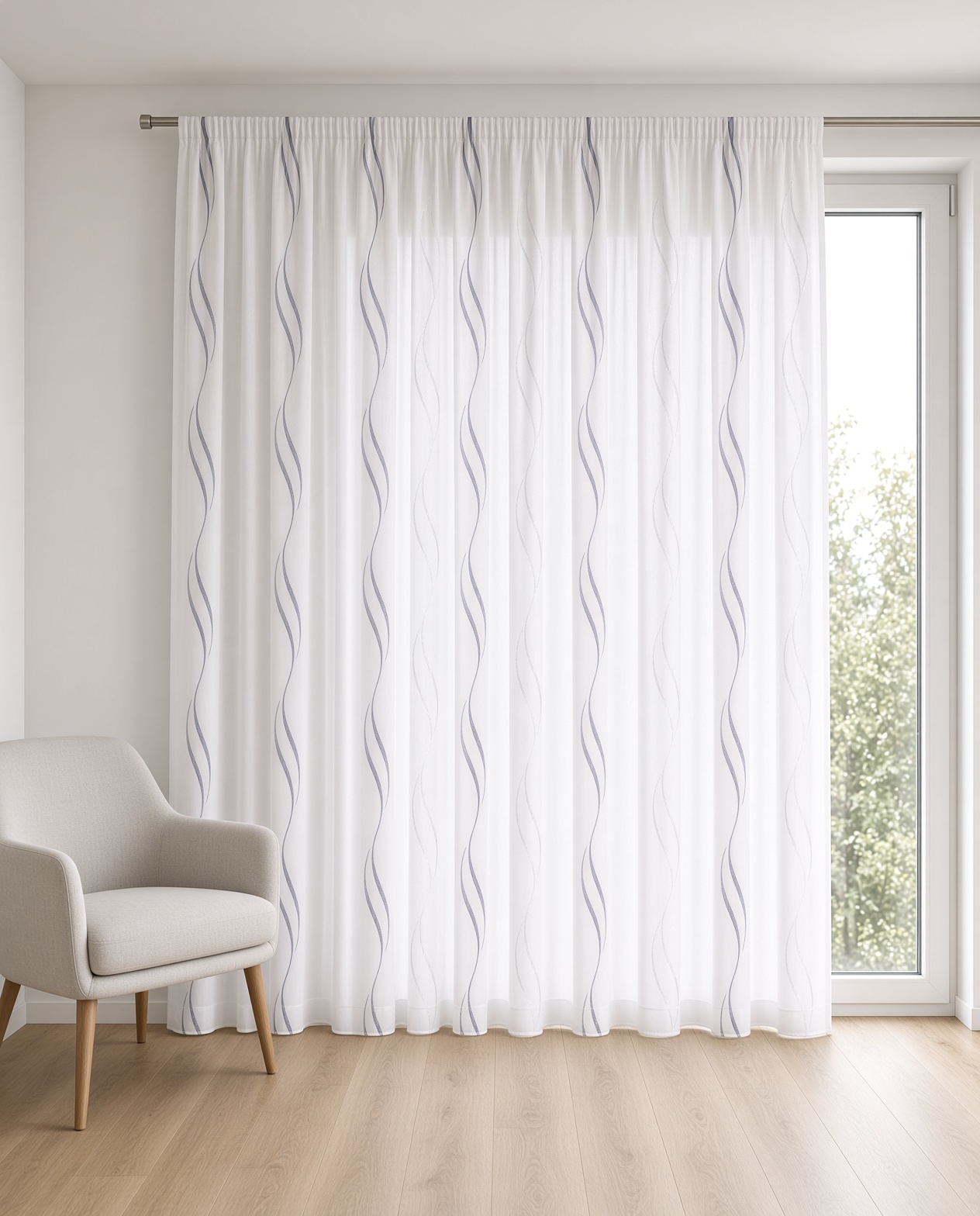 Gardine nach Maß "Tivoli", Kräuselband (1:2) im Wohnraum – Raum digital gestaltet (KI)