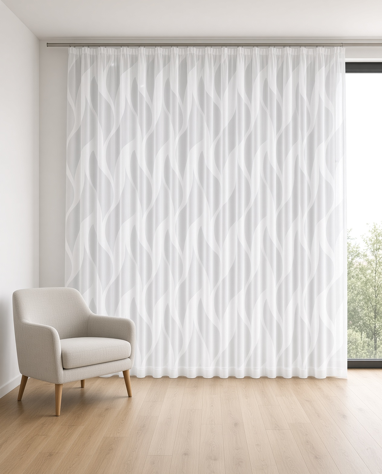 Maßgardine „Welle“ – Zeitloses Wellen-Design & Kräuselband im Wohnraum – Raum digital gestaltet (KI)