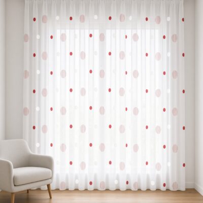 Gardine nach Maß Effekt Kreise Rot im hellen Wohnraum – Raum digital gestaltet (KI)