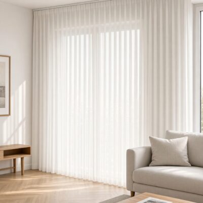 Voile-Gardine nach Maß, gefärbt, Automatik-Faltenband (1:2,5) in Natur, Wohnraum – digital gestaltet (KI)