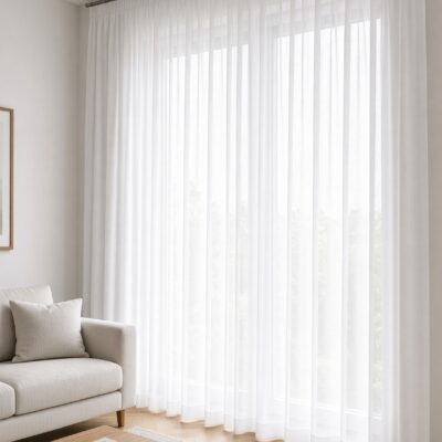 Voile Gardine nach Maß, viele verschiedene Farben in Weiß, Wohnraum – digital gestaltet (KI)