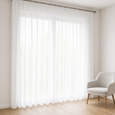 Voile-Gardinen nach Maß, DIN 4102, B1, Kräuselband (1:2)